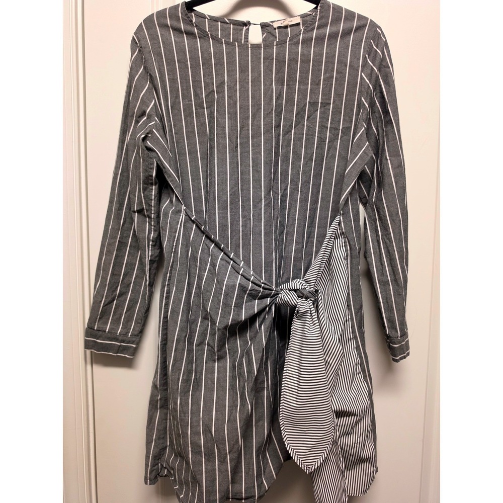 Pleione Pin Striped Tie Front Tunic Dress Gray White Long Sleeve Small - Picture 8 of 10